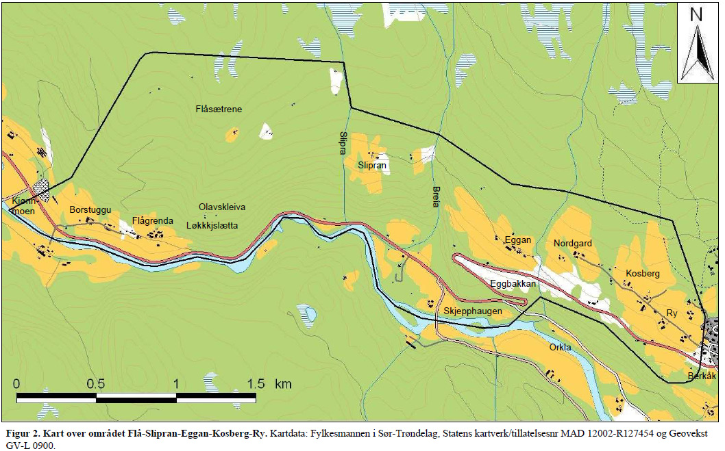 Kartet til høyre viser verdifullt kulturlandskap, Flå-Slipran-Eggan- Kosberg-Ry.