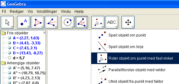 Rotasjon (av Henning Bueie) Etter 7. årstrinn: - Beskrive og gjennomføre speiling, rotasjon og parallellforskyvning GeoGebra kan også brukes til å rotere figurer.