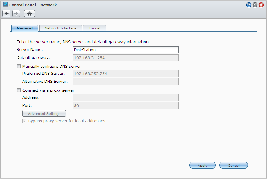 Brukerveiledning for Synology DiskStation Endre nettverksinnstillinger Gå til Hovedmeny > Kontrollpanel > Nettverk for å endre følgende nettverksinnstillinger for Synology DiskStation.