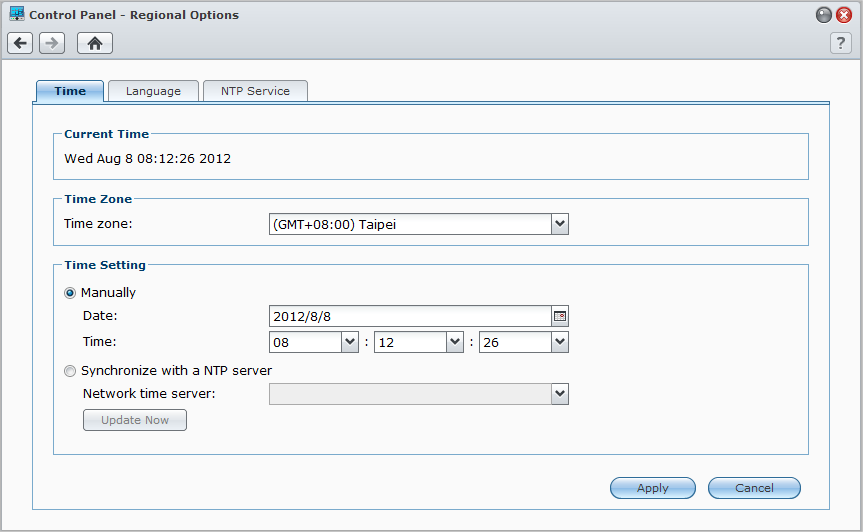 Brukerveiledning for Synology DiskStation Endre regionale alternativer Gå til Hovedmeny > Kontrollpanel > Regionale alternativer for å konfigurere følgende regionale alternativer.