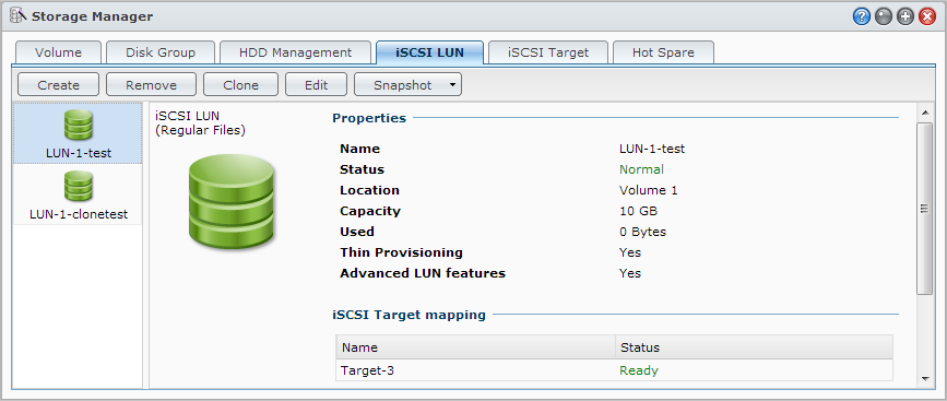 Administrere iscsi LUN Brukerveiledning for Synology DiskStation En iscsi LUN (logical unit number) representerer en del av et iscsi Target som kan adresseres individuelt.