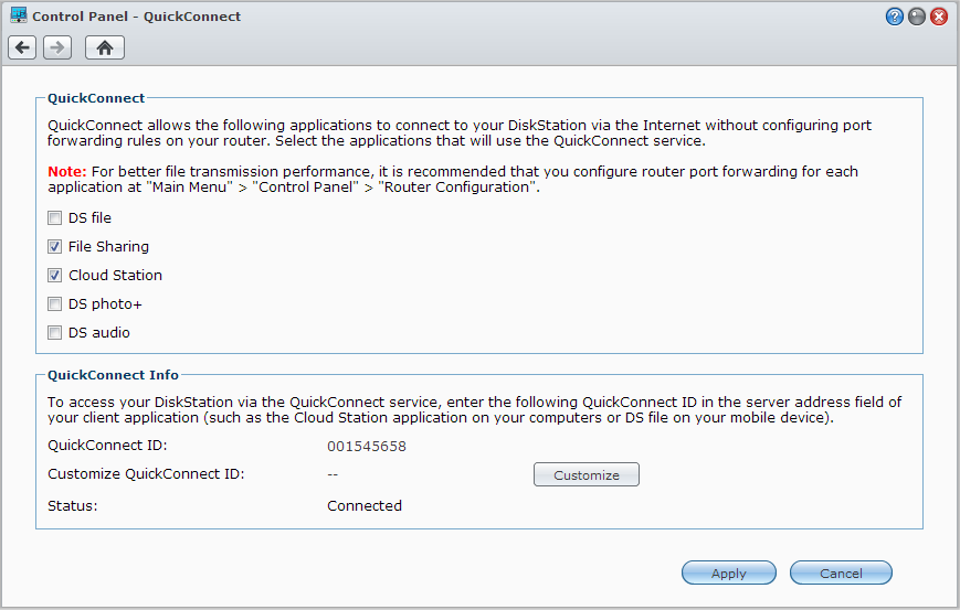 Brukerveiledning for Synology DiskStation Få tilgang til DSM -tjenester via QuickConnect QuickConnect er en løsning som hjelper klientprogrammer (som DS file, Cloud Station, DS audio, osv.