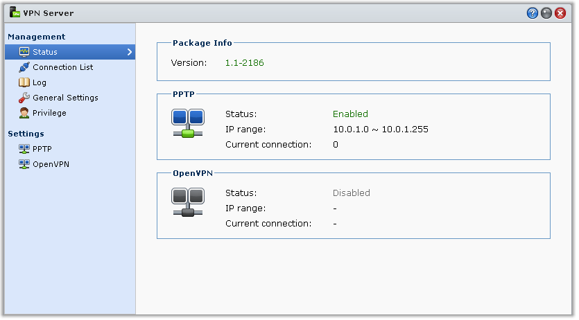 Brukerveiledning for Synology DiskStation Sett opp VPN-tilkobling VPN Server er en tilleggspakke som gjør om DiskStation til en PPTP/OpenVPN VPN Server (virtuelt privat nettverk), slik at lokale