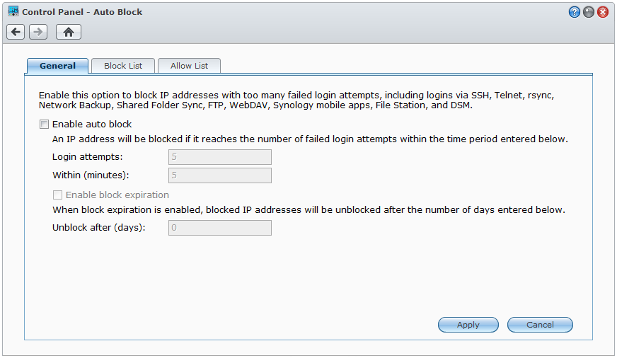 Brukerveiledning for Synology DiskStation Automatisk blokkering av mistenkelige innloggingsforsøk Med automatisk blokkering kan du forhindre uautorisert pålogging.