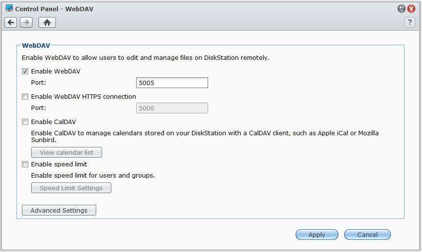 Brukerveiledning for Synology DiskStation Tilgang til filer via WebDAV Ved å aktivere WebDAV eller CalDAV (i Hovedmeny > Kontrollpanel > WebDAV),