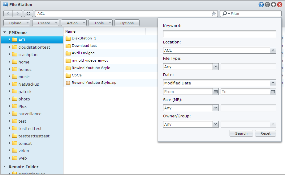 Søke etter filer eller mapper Brukerveiledning for Synology DiskStation Du kan skrive inn nøkkelord i feltet Filter øverst til høyre i File Station for å filtrere filer eller mapper i den åpne mappen.