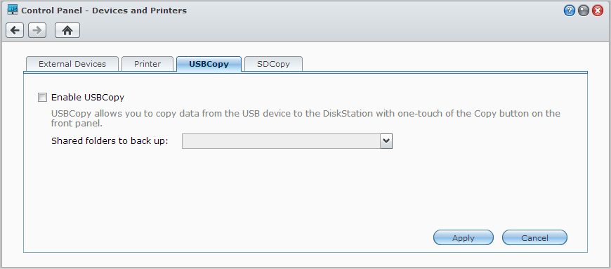 Brukerveiledning for Synology DiskStation Sikkerhetskopier data på USB-enhet eller SD-kort Du kan gå til Hovedmeny > Kontrollpanel > Enheter og skrivere for å angi en delt mappe som skal brukes med