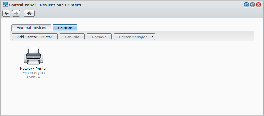 Angi Synology DiskStation som utskriftsserver Brukerveiledning for Synology DiskStation Gå til Hovedmeny > Kontrollpanel > Enheter og skrivere > Skriver for å angi DiskStation som utskriftsserver