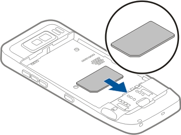 SIM-kort, batteri, lade, minnekort Sett sammen delene, og kom i gang med Nokia E55. 3. Sett i SIM-kortet.