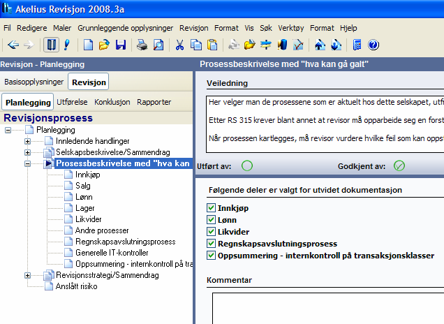 Vesentlige regnskapslinjer Prosessbeskrivelser Vesentlige regnskapslinjer må defineres før vesentlige prosesser velges. Det gjøres i anslått risiko, se egen del lenger ut i manualen.