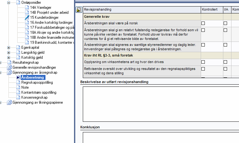 Gjennomgang av årsregnskap Øverste nivå har tre påstander som dokumenterer gjennomgangen av årsregnskapet med alle deler.