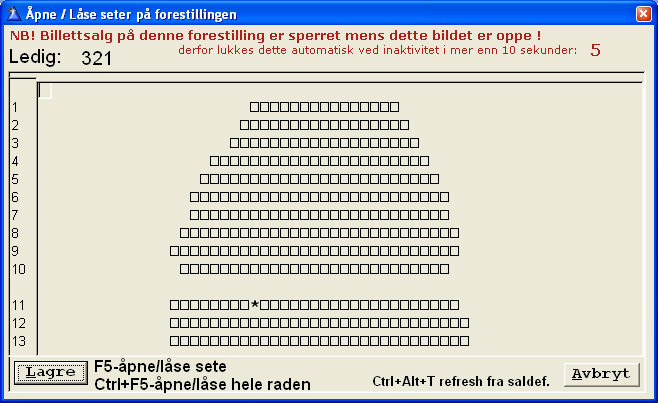 5.8 Åpne / låse for salg av seter Seter som ligger 'låst' i stolplanen kan åpnes for salg, og tilsvarende kan ledige seter låses mot salg.