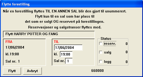 7 Program f6 Skjermbildet viser en oversikt over forestillinger på den valgte dato. Dette er den eneste plassen hvor en kan flytte en forestilling hvor det allerede er solgt billetter.