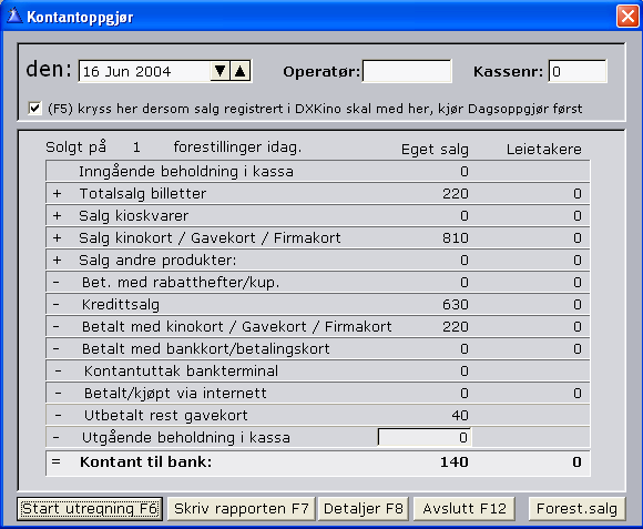 8 Kontantoppgjør Kontantoppgjøret kan kjøres på skjerm og på skriver. Windowsoppsettet styrer hvor utskriftene kommer ut.