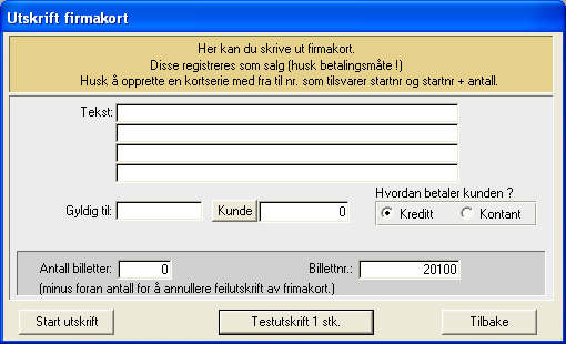 11.4 Firmakort Denne rutinen benyttes for utskrift av firmakort. Firmakortserien, dvs. det nummer firmakortene skal ha, må defineres som en verdikortserie i DXKino. Et firmakort innholder 1 stk.