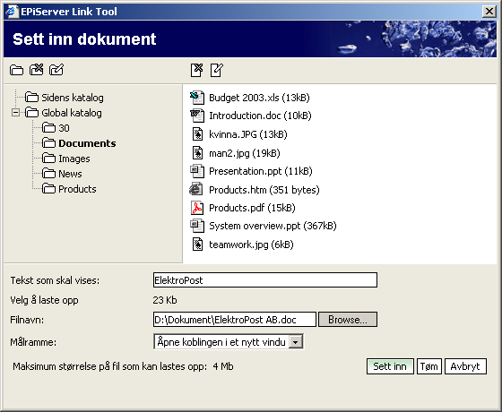 38 Redaktørhåndbok EPiServer 4.20 Sett inn dokument Det er ganske vanlig å koble til ulike typer dokumenter, på et web-område. Det kan for eksempel være PDF-dokumenter, Word-filer osv.
