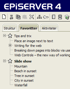 Personliggjøre EPiServer 59 Mine tildelte oppgaver: Her finnes oppgavene som du har tildelt andre. Favoritter På fanen Favoritter vises de sidene du har merket som favoritter i trestrukturen.