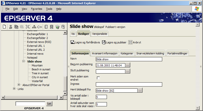 70 Redaktørhåndbok EPiServer 4.20 Bildespill Sidemalen Bildespill brukes til å opprette en serie med sider i EPiServer som vises som et rullende bildespill.