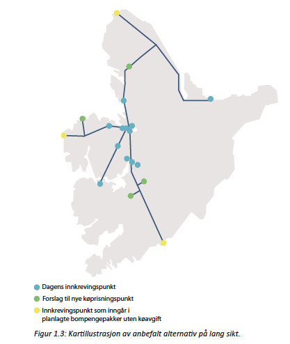 Figur 4.1 Dagens bomstasjoner (pr januar 2010) og foreslåtte nye stasjoner. Kilde: Urbanet analyse, 2010. For et bedre bilde, se bomringenbergen.no.