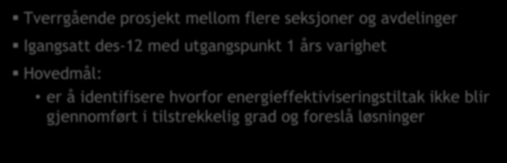 Prosjekt energieffektivisering i industrien Tverrgående prosjekt mellom flere seksjoner og avdelinger Igangsatt des-12 med utgangspunkt 1