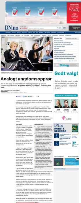 Analogt ungdomsopprør Dn.no, 07.04.2013 09:14 Tekst: Åshild Eidem Foto: Fartein Rudjord Oslo/Jessheim Tre av fire unge tar smarttelefonen med seg i sengen og sjekker oppdateringer konstant.