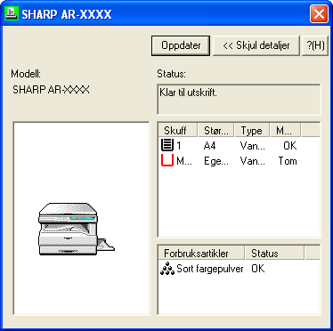 SKRIVER VERKTØY (WINDOWS) Bruk av skriververktøyene (del 3) Kontrollere skriverstatus Printer Status Monitor lar deg sjekke om det er papir og toner i maskinen.