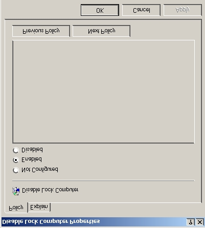 Figur 42: Viser Logon/Logoff Policy Høyreklikk på DISABLE LOCK COMPUTERS og velg PROPERTIES. Under tabben POLICY markeres radioknappen ENABLE, trykk så APPLY, OK, og CLOSE.