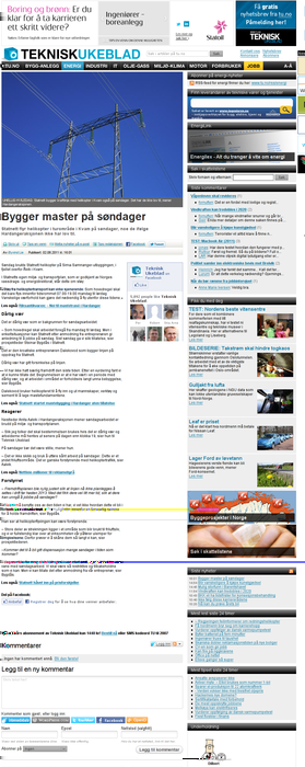 Bygger master på søndager Teknisk Ukeblad. Publisert på nett 02.08.2011 16:04. (Oppdatert 02.08.2011 19:17) Profil: Tema (alle kilder), NVE.
