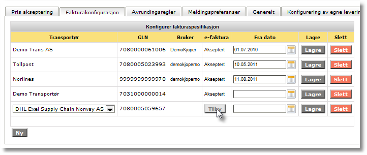 Dersom det står Akseptert eller Foreslått i kolonne for e faktura, så eksisterer det e faktura avtale med transportøren.