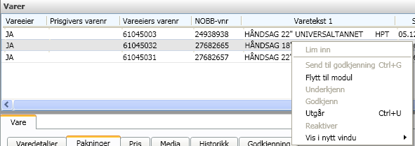 En vare kan flyttes fra en modul til en annen. Dette gjøres ved å søke etter alle varer, marker den eller de varene som skal flyttes og bruk høyre museknapp. Velg Flytt til modul.