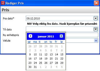 Fra dato blir som standard satt til dagens dato på ny vare. På eksisterende vare kommer den første i neste måned opp (i henhold til NOBB kjøreplan).