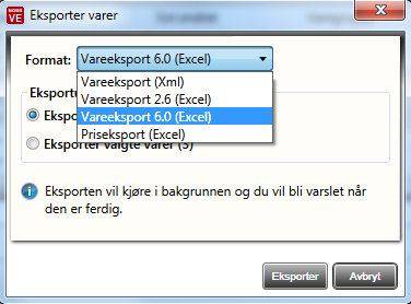 Ved å trykke på knappen «Eksporter» (på menylinjen) kan man eksportere ut dataene på en eller flere varer til ulike filformater (Excel og XML).