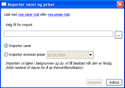 For å importere priser trengs kun 2 kolonner NOBB-nr og ny pris (kolonneoverskriften må være som i malen). En egen mal er tilgjengelig på ved å velge linken Nye priser mal.