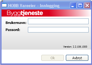 Etter å ha installert NOBB for Vareeier, logger man seg på via innloggingsboksen: Tips:Om dere limer inn Passord, må det trykkes en gang på TAB tasten, for å gjøre Ok knappen aktiv Neste gang dere