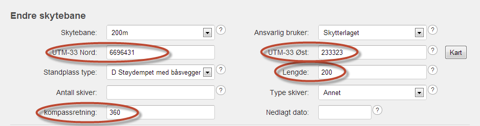 Koordinater legges inn på samme måte som du gjorde når du registrerte anlegget. «Koordinater», «Kompassretning» og «Lengde» skal det kun legges inn tallverdier.