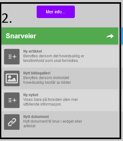 Snarveier (2) Det er lagt opp til fire snarveier i publiseringsløsningen; ny artikkel, nytt bildegalleri, ny nyhet og nytt dokument.
