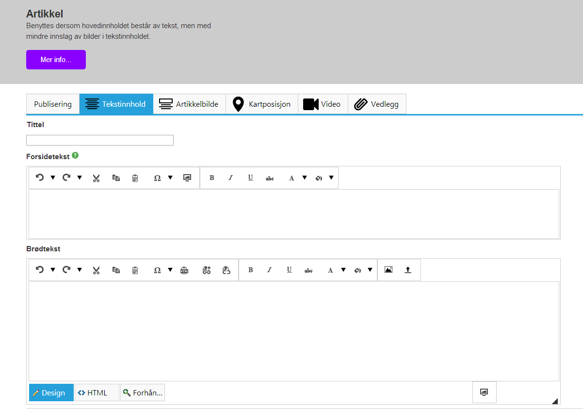 Tekstinnhold Tittel Tittelen på artikkelen. Denne vil fremkomme på forsiden.