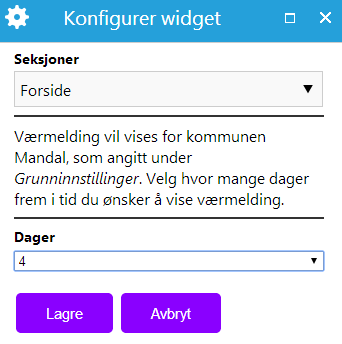 Værmelding Viser værmelding for kommende dager for din kommune.