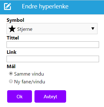 Widget Mer om Lenkesamling Denne widget inneholder en liste med hyperlenker som vises på websidens høyre side. Det er mulig å legge inn to typer lenker: Hyperlenke som peker til en annen webadresse.