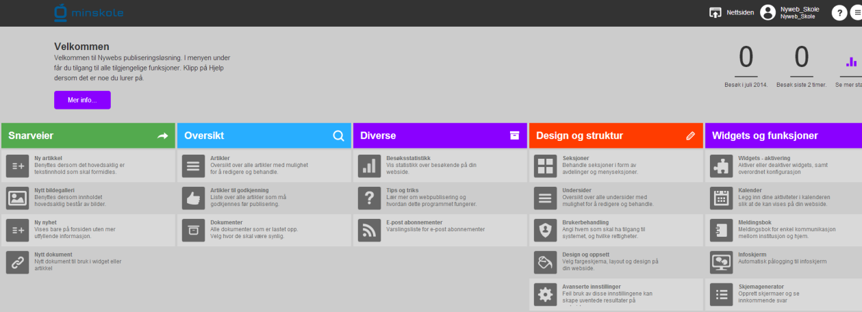 Meny og velkomstside Velkommen til publiseringsløsningen MinSkole. Nettsiden fremstår nå i et helt topp moderne og responsivt design tilpasset både laptop, nettbrett og mobil.