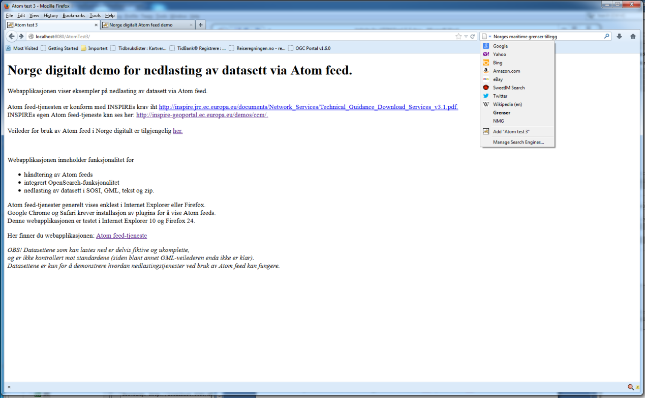 Figur 6 - Konfigurasjon av Atom feed-tjeneste som søkemotor i Firefox OpenSearch-mekanismene legger også til rette for automatisert kommunikasjon mellom maskiner, tilsvarende det som er mulig i WFS.