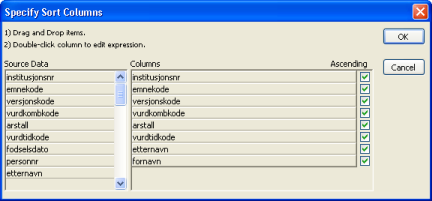 Grunnkurs i FS 1 19 Figur 1.7-2 Dialog for egendefinert sortering Variablene man ønsker sortering på dras over fra «Source data» til «Columns» med muspekeren.
