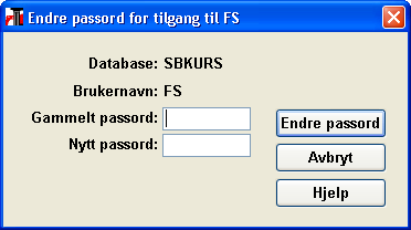 1 6 Grunnkurs i FS Figur 1.1-1 FS - Innlogging Ønsker man å bytte til nytt passord, klikker man først på knappen «Endre passord» i innloggingsbildet. Alle må endre passord ved første gangs pålogging.