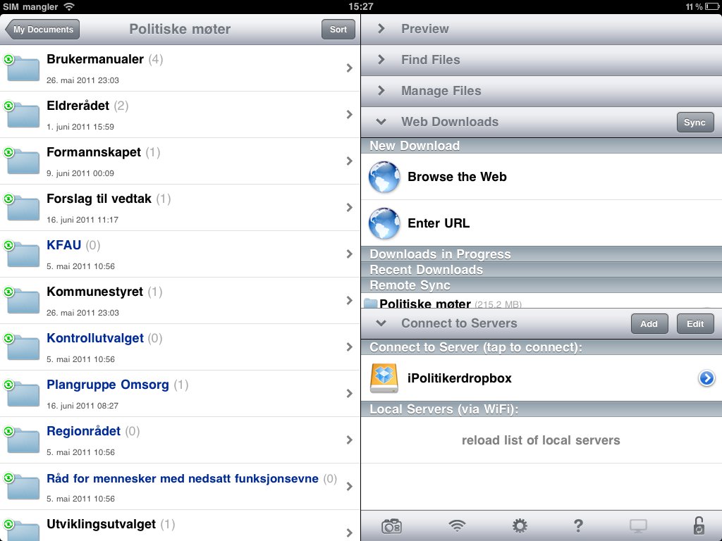 Alltid tilgjengelige dokumenter Utvalgsdokumentene synkroniseres til ipad over internett i forkant av møtene.