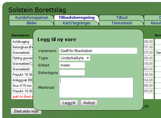 Underkalkyle Ofte kan man bli bedt om å levere tilbud hvor tilbudssummen er delt inn i ulike delprosjekter.