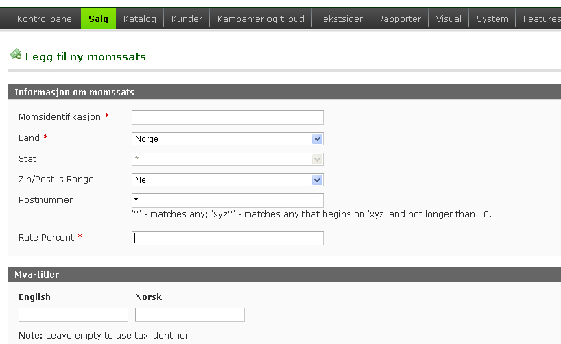 Momssatser og -soner Naviger Salg > Moms > Behandle momssoner og -rater. Her ser du de eksisterende momssatsene sortert etter land, region og postnummer.
