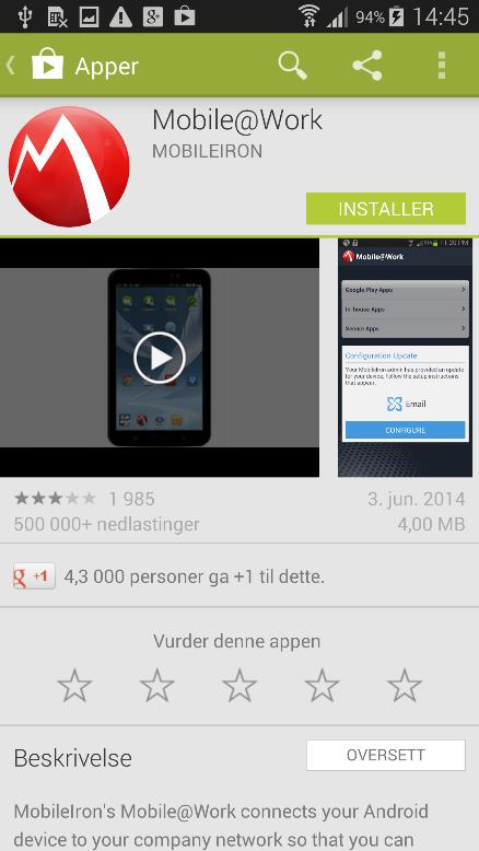 Klikk på INSTALLER-knappen for å installere MobileIron Mobile@Work.