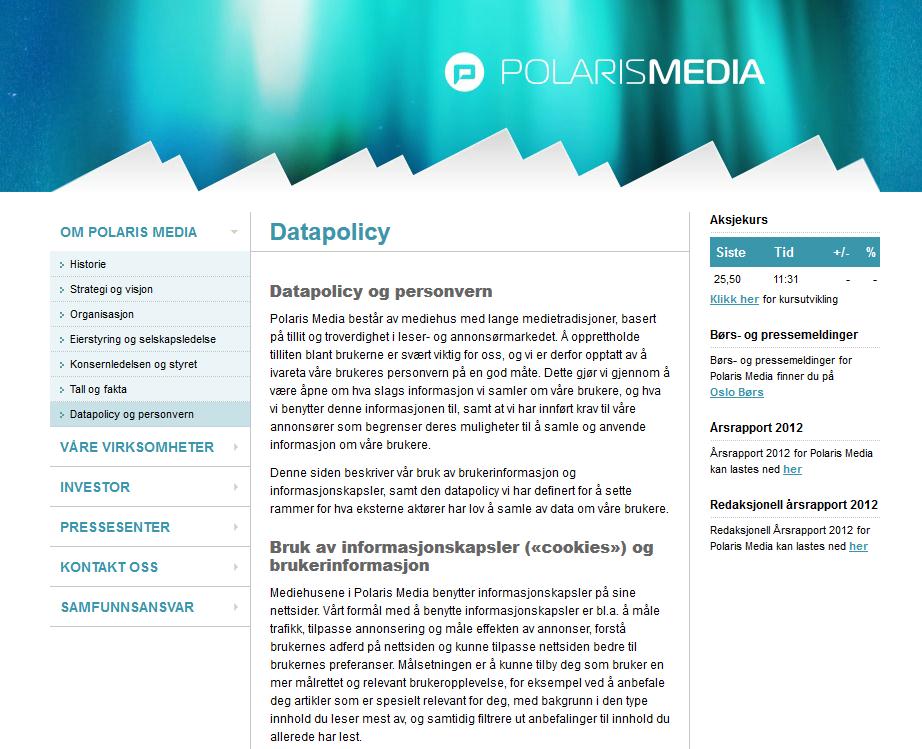 no/datapolicy Datapolicy og prinsipper for datahåndtering publisert på www.polarismedia.