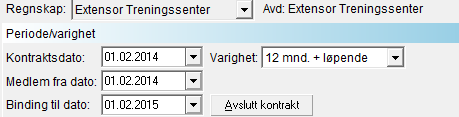 4.1.1 Periode/varighet Opplysningene til høyre for hhv Regnskap og Avdeling kommer fra Personalia I dette bildet angir man kontraktsdato, medlem fra dato, binding til dato og varighet.