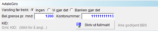 Varsling før trekk: Ingen er det vanlige valget. Stor kostnad, samt innsending må skje tidligere om banken skal varsle. Bel. grense pr mnd: Angir maks grense for hva som kan trekkes av kundens konto.